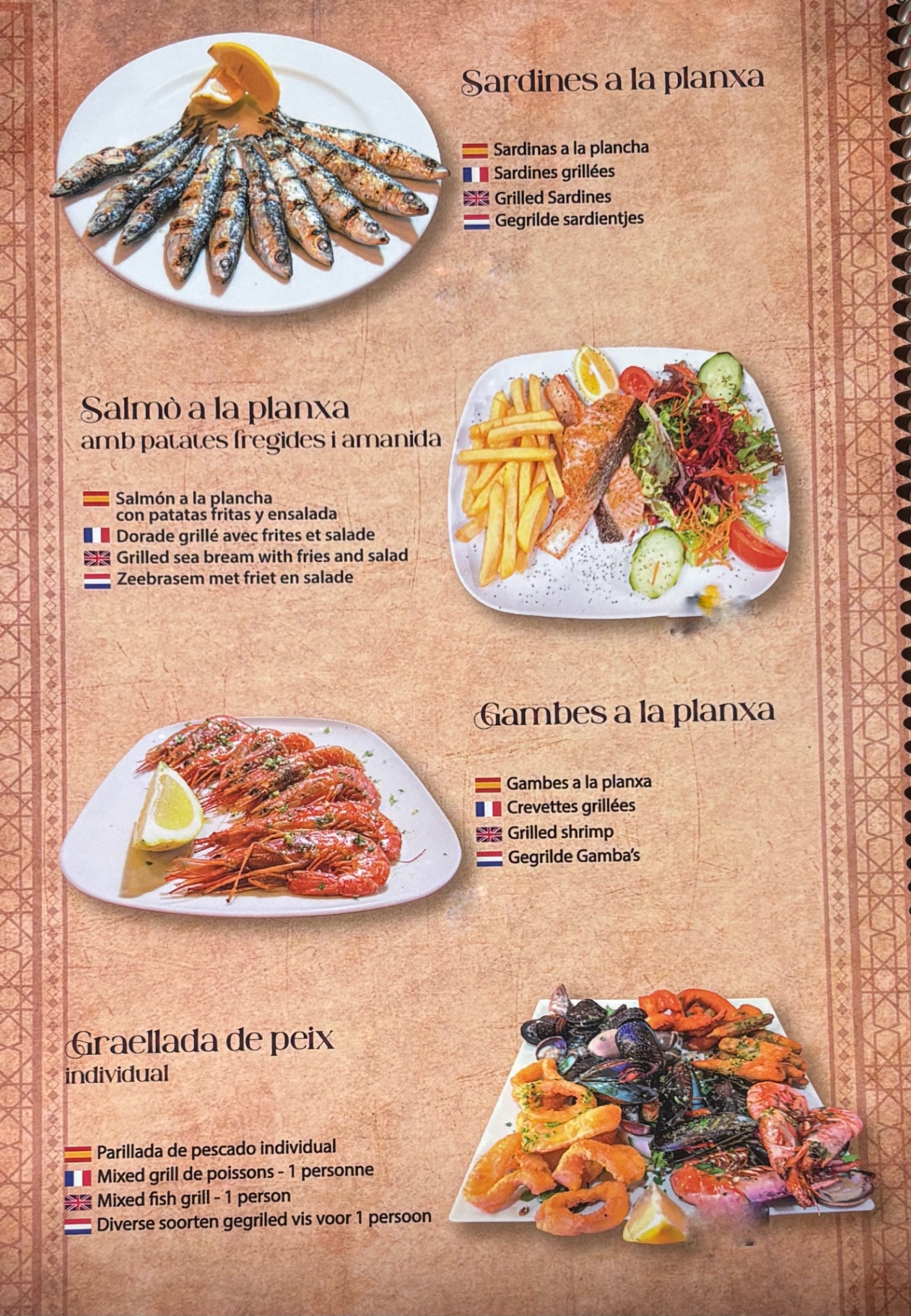 Carta — Sardinas, salmón, gambas y parrillada